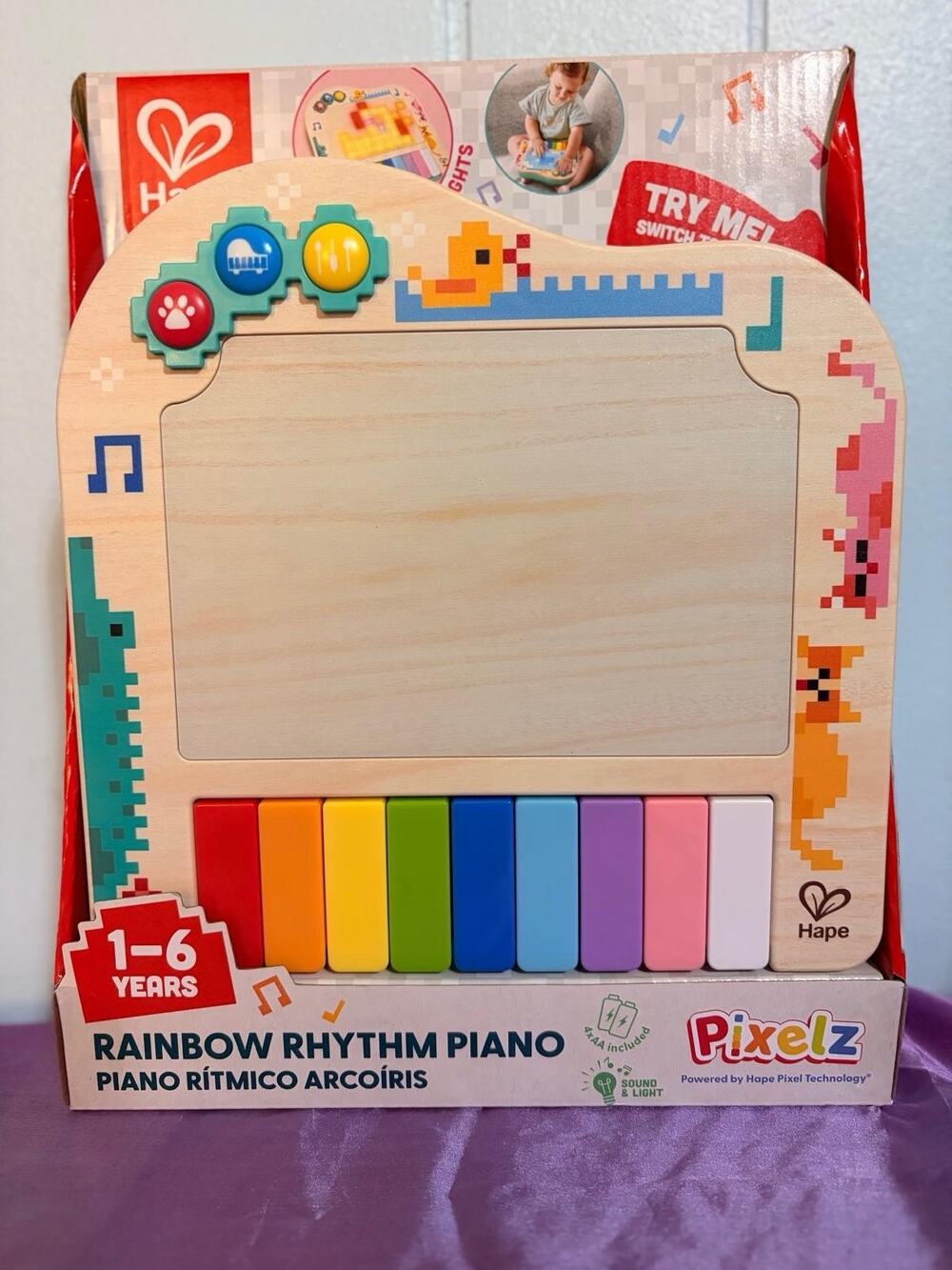 Hape Rainbow Rhythm Pixel Piano Toy Light Up Wooden Electronic Keyboard Toddler